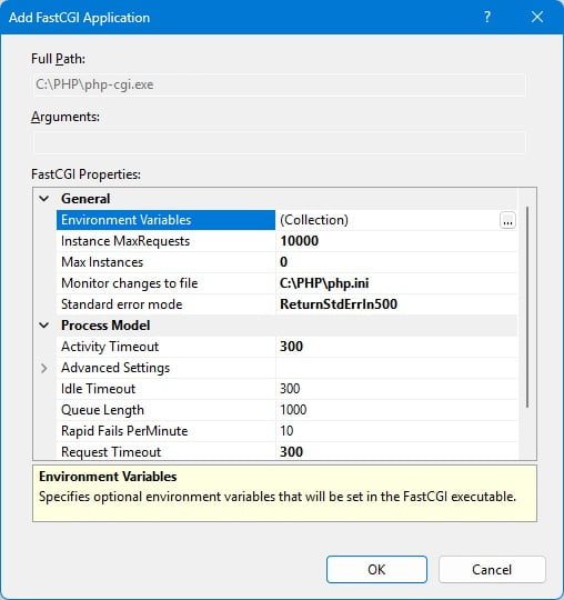 Configurare parametri pentru PHP în „Add FastCGI Application” Add FastCGI Application - PHP
